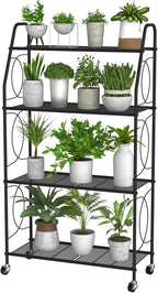 VyGrow 4 Tier Plant Stand with Wheels, Plant Shelf for Indoor Outdoor, Heavy Duty Metal Tall Plant Stands Holder Rack for Living Room Balcony and Garden, Black