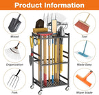 Garden Tool Organizer with Wheels, Heavy-Duty Yard Tool Rack with 3 Side Hooks, Holds Up to 40 Long-Handled Tools, Metal Garage Tool Storage for Lawn & Outdoor Organization