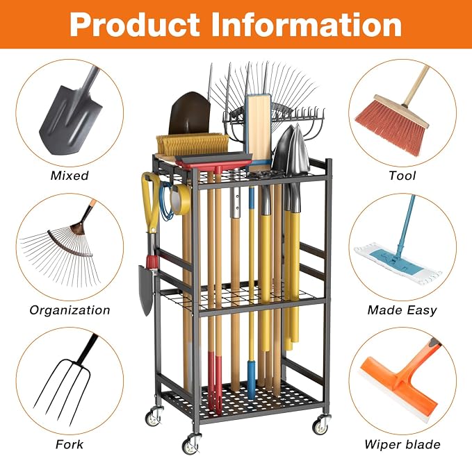 Garden Tool Organizer with Wheels, Heavy-Duty Yard Tool Rack with 3 Side Hooks, Holds Up to 40 Long-Handled Tools, Metal Garage Tool Storage for Lawn & Outdoor Organization