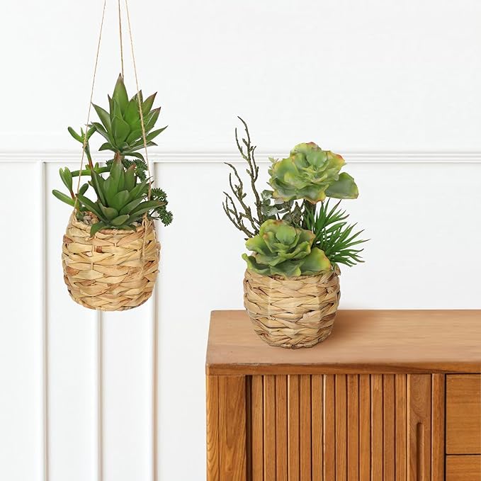 10" Large Succulents Plants Artificial in Wooden Pots, Potted Faux Succulent Arrangement with Woven Pots, Fake Desk Succulents Plants for Home Bathroom Shelf Table Indoor Decor