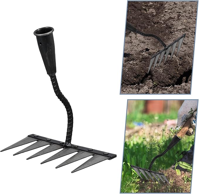 Veemoon Heavy Duty Steel Garden Rake with 6-Tine Sharp Dethatcher for Soil Loosening and Lawn Leveling, Small Hand Tool for Gardening and Landscape Maintenance