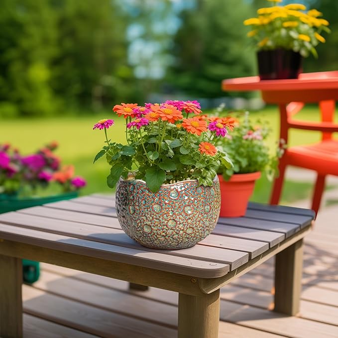 8 Inch Plant Pot - Ceramic Planter for Indoor Outdoor Plants, Unique Pots for Plants with Drainage Hole and Plug, Round Planter, Garden Decor, Gifts for Plant Lovers, Speckled-Brown