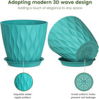 Meowell 7 inch Plant Pots for Indoor Outdoor Plants, 5 Pack Thick Flower Pots with Drainage Holes and Saucers, 3D Modern Wave Texture Plastic Planter Pots for Nursery and House Plants, Blue Green