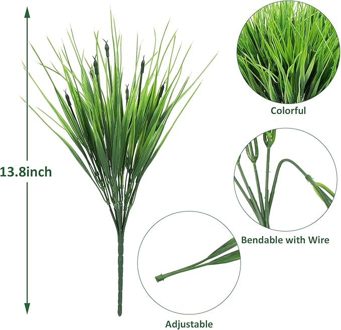 Roberly 24 Bundles Artificial Grass Plants for Outdoors UV Resistant Plastic Fake Grass Plants Faux Greenery Stems for Porch Garden Window Box Indoor Outdoor Spring Summer Home Farmhouse Decor, Green