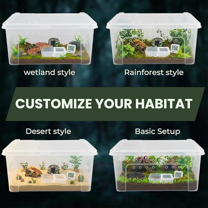 10 Pcs Reptile Breeding Box Kit & Snake Feeding Box, Portable Transparent Habitat for Spiders & Lizards, Small Reptile Enclosure with Plastic Feeder Dish, Thermometer Hygrometer & More
