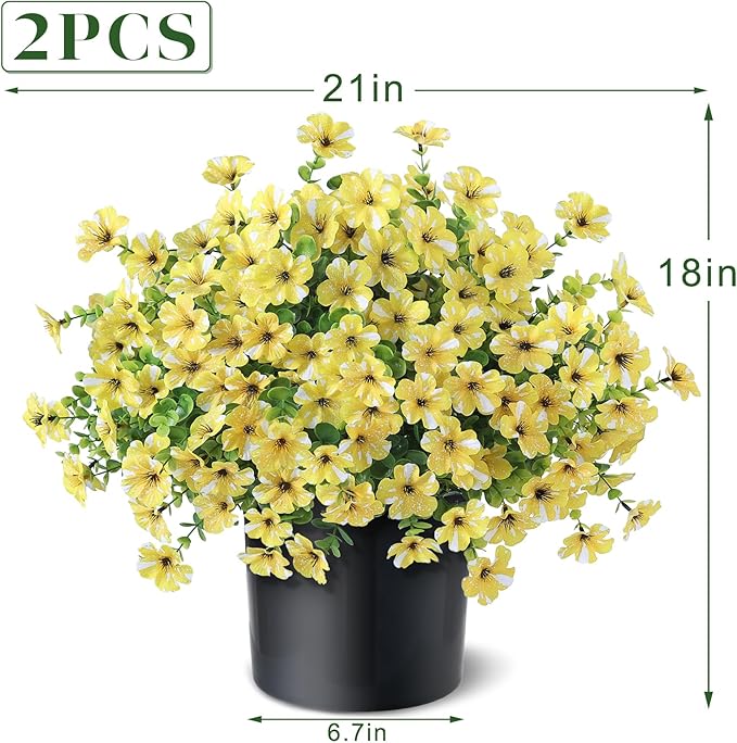 Artificial Morning Glory & Eucalyptus Topiary Trees - Set of 2 Faux Silk Flower Potted Plants, UV-Resistant Fake Outdoor Morning Glory Bushes for Front Door, Yard, Farmhouse, Garden Decor (Yellow)