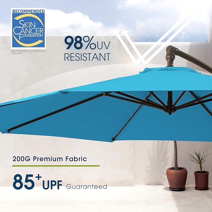 wikiwiki 10ft Patio Umbrellas Offset Outdoor Umbrella Cantilever Hanging Umbrellas w/Infinite Tilt, Fade Resistant Waterproof RECYCLED FABRIC Canopy & Cross Base, for Yard, Garden & Deck, Sky Blue