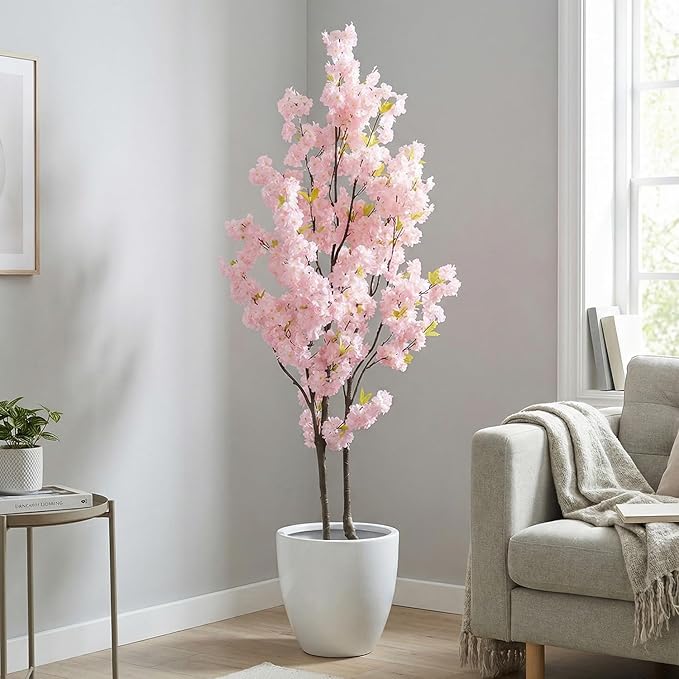 Artificial Pink Cherry Blossom Tree 7ft(84in) Faux Floor Green Plant for Indoor Decor Natural Potted Tree Realistic Cherry Flowers Wood Trunk for Home Living Room,Office Perfect Housewarming Gift