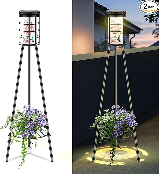 Mothers Day Gifts for Mom Wife Grandma Daughter Friends Sister, 2 Pack Outdoor Solar Floor Lamp with Plant Stand, Hummigbird Print, Solar & USB 2 Way Charging