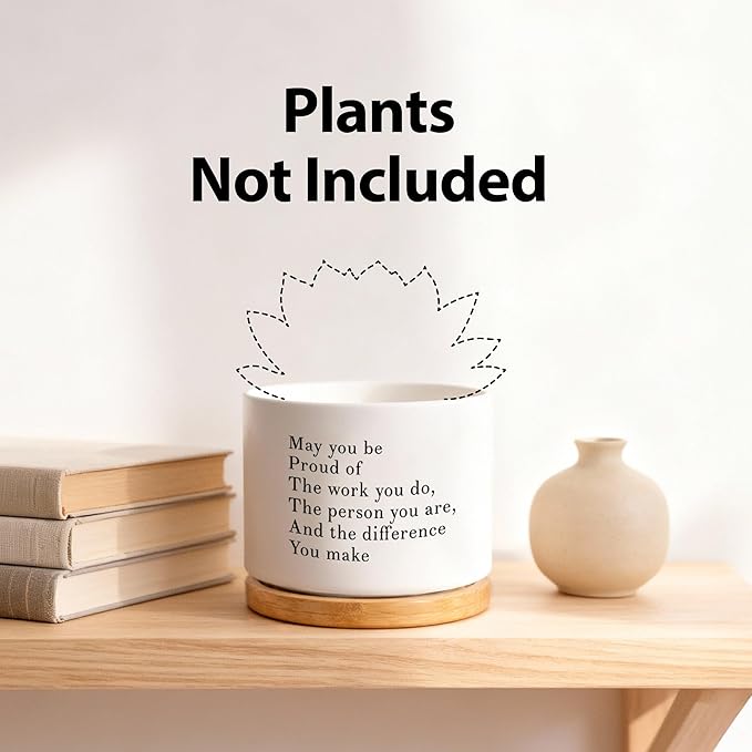 May You Be Proud of The Work You Do Inspirational Gift Ceramic Succulent Plant Pot with Tray Coworker Leaving Motivational Gifts Home Decor Plant Lover 3.5 Inch White (No Plants) (with Bamboo Tray)