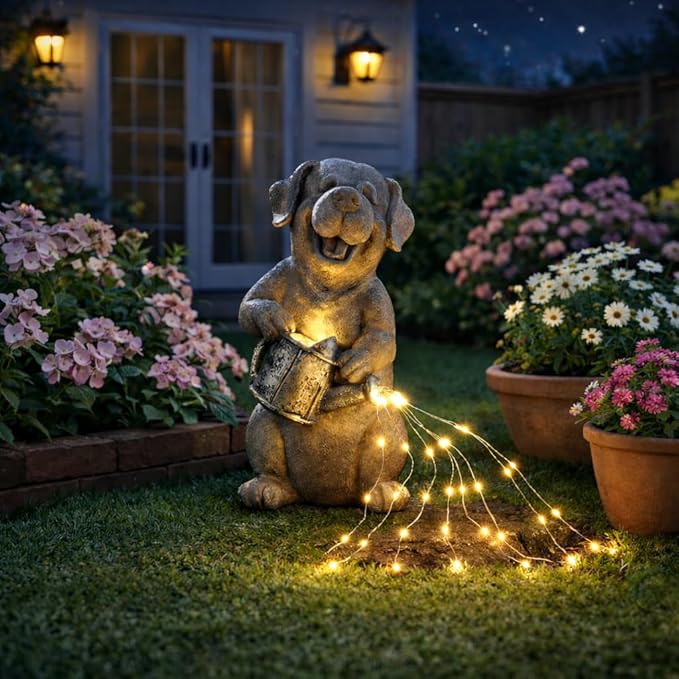 Lavezee Dog Statues Outdoor with String Lights for Garden Decor, Dog Garden Statue for Patio Lawn Porch Walkway Yard Decoration, Ideal Gifts for Dog Lovers Women Mom Grandma