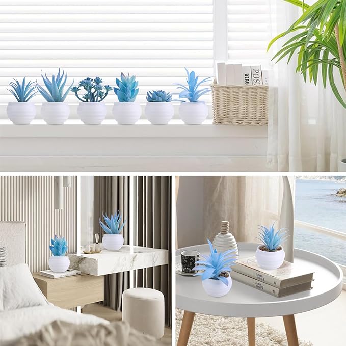 GREENTIME 6 Pcs Blue Artificial Succulent Plants in Mini White Plastic Pots Small Fake Succulent Plant Faux Indoor Decor Bedroom Desk Bathroom Office Living Room Table Shelf Home Decoration