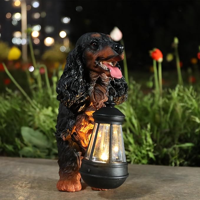 Garden Dog Statues Outdoor Decor, Solar Lights Outdoor Cocker Spaniel Figurine Garden Decorations Solar Dog Ornaments for Patio, Lawn, Yard Art Decoration, Housewarming Gifts