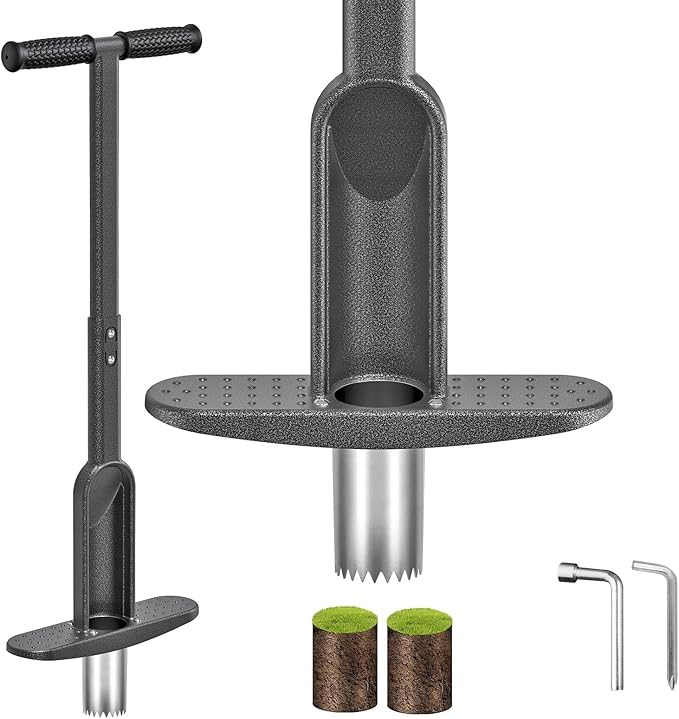 Bulb Planter Tool Long Handle with Stainless Steel Sharp Serrations, Sod Plugger for Lawn & Garden, Grass Plugger Tool with Soft Rubber Grip for Digging Holes Plant Bulb