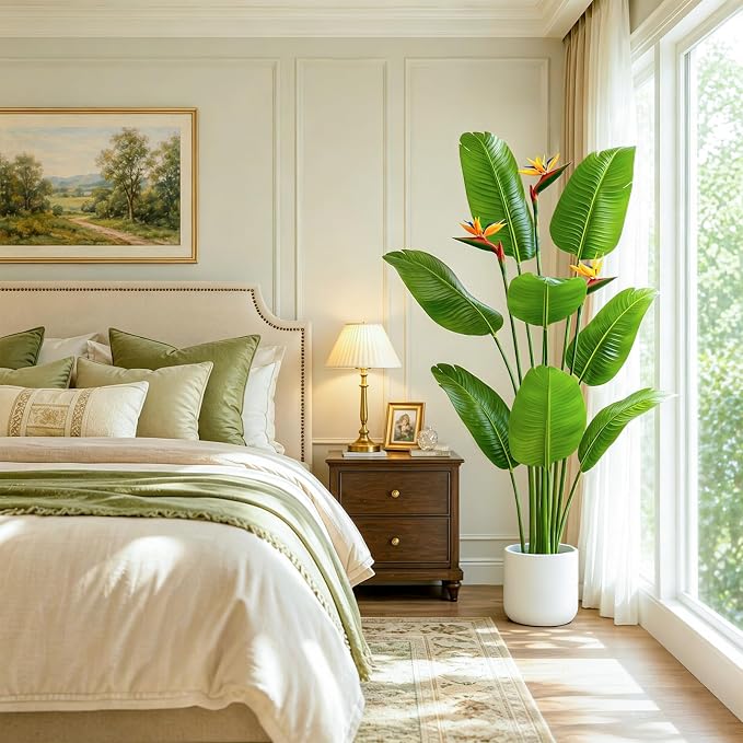 5FT Artificial Bird of Paradise Plant with Flowers, Tall Tropical Fake Plant Indoor, Large Artificial Plant for Living Room, Office Decor, Faux Floor Plant with Pot