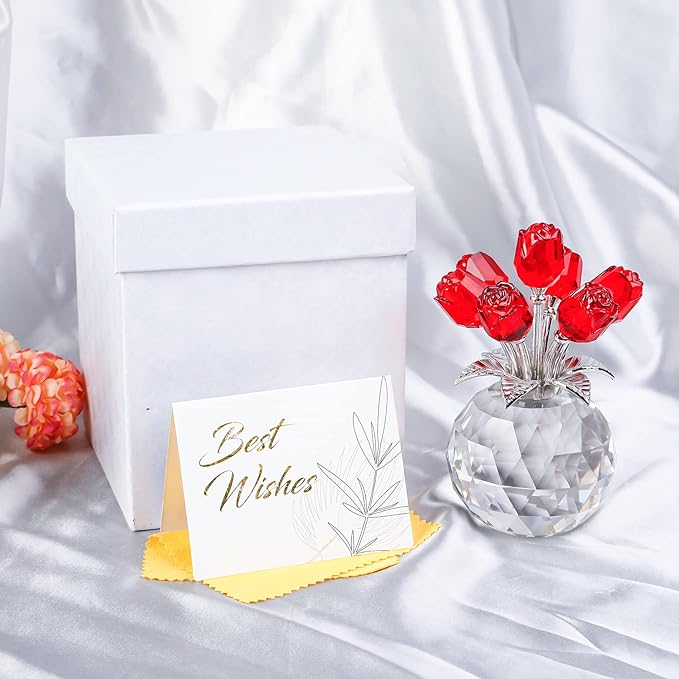 YWHL Handmade Crystal Red Rose Flower Figurine With Round Vase, Romantic Gifts for Women on Anniversary Mother's Day Birthday, Collectible Figurines for Home Party Wedding Decorations
