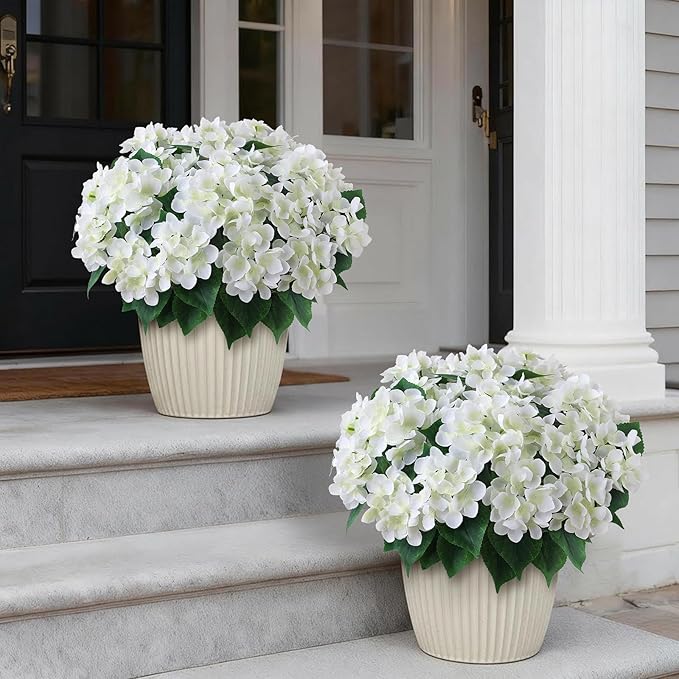 FOTEEWL 8 Bundles Artificial Hydrangea Flowers for Outdoor Decor, Realistic Faux Silk Bouquets Sun-Resistant Fake Plants for Front Door Balcony Farmhouse Garden Home Spring Summer Decor (White)
