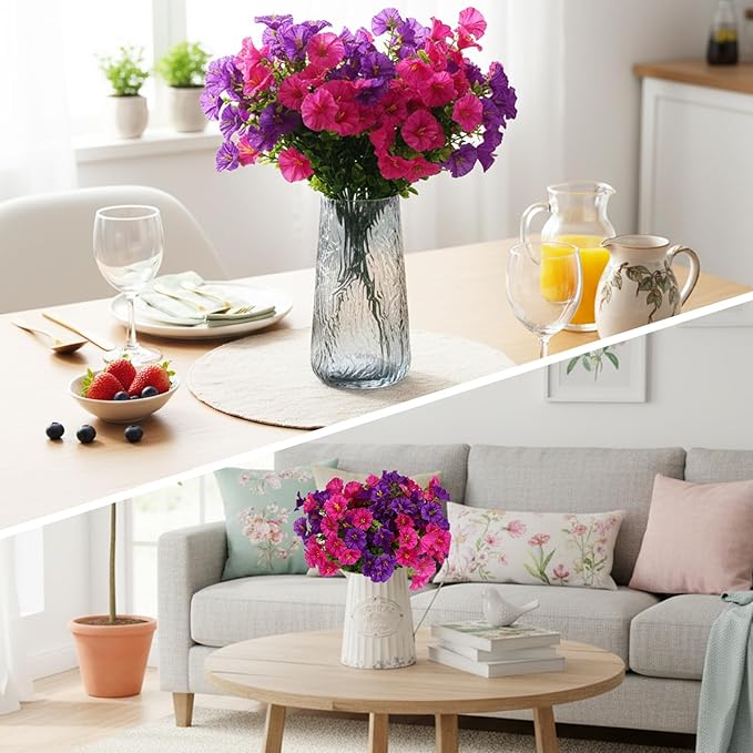 CEWOR 24 Bundles Artificial Flowers for Outdoor Indoor, Fake Silk Morning Glory with Eucalyptus Leaves, Faux Flower for Garden Front Door Porch Planter Patio Home Decor (Purple Fuchsia)