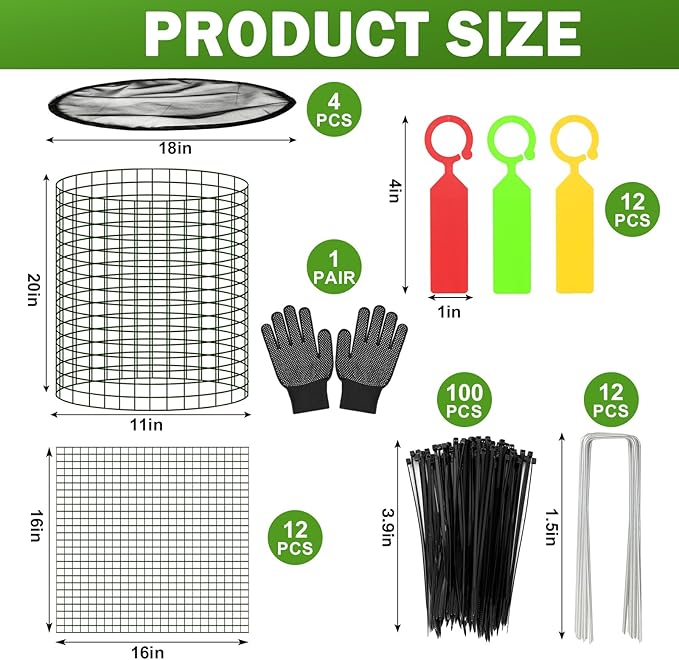 Plant Protector from Animals with Detachable Covers - 4 Pack 16”x 16" Wire Cage Cloches with Ground Stakes and Tools for Protecting Vegetable, Flower, Seedling