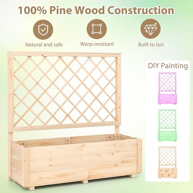 Giantex Raised Garden Bed with Trellis, Drainage Hole, Wood Elevated Planter Box for Climbing Vine Flower Herb Vegetable Fruit, Planting Container for Indoor Outdoor Patio Balcony (39”x14”x40”)