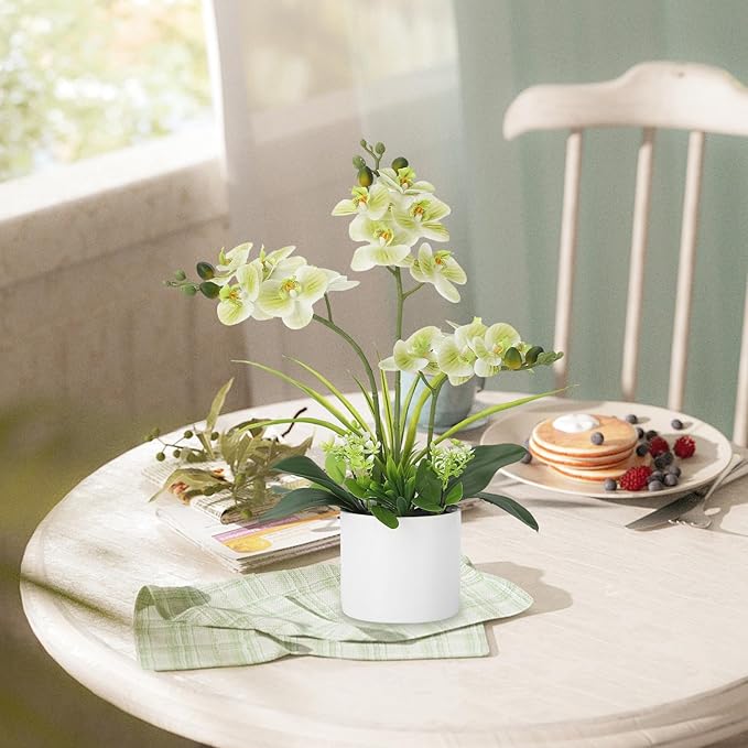 Garvee Real Touch Silk Phalaenopsis Orchid Artificial Flowers - 3 Stems Faux Orchid Bough with Vase, Lifelike Large Fake Flowers in Pot for Home Decor Living Room Bedroom Office Tabletop