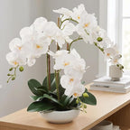 Larksilk 20" White Phalaenopsis Orchid Flowers in 8" Round White Pot | Realistic Faux Orchid | Elegant Indoor Decor for Home & Office
