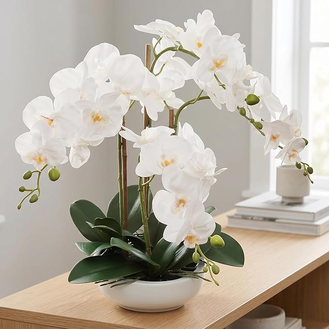 Larksilk 20" White Phalaenopsis Orchid Flowers in 8" Round White Pot | Realistic Faux Orchid | Elegant Indoor Decor for Home & Office
