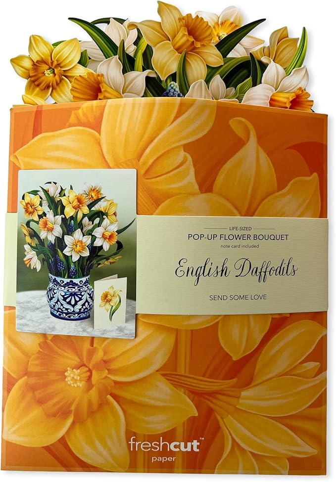 Freshcut Paper Pop Up Cards, English Daffodils, 12 Inch Life Sized Forever Flower Bouquet 3D Popup Greeting Card, Birthday Cards, Get Well Gifts, Blank Notecard & Envelope