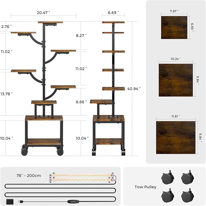 Plant Stand Indoor with Grow Lights - 7-Tier Plant Stand with Wheels, Tall Metal and Wood Indoor Plant Shelf with Tree Design, Rolling Flower Pot Holder Rack with Waterproof Finish, Adjustable Display Stand for Home Garden, Patio, 41" Tall