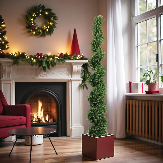 THE BLOOM TIMES 6ft Spiral Artificial Topiary Trees Set of 2, 71 inch Faux Cedar Trees for Outdoor Planters - Fake Twist Cypress Plants for Garden Front Porch Indoor Outside Decor 6 Foot