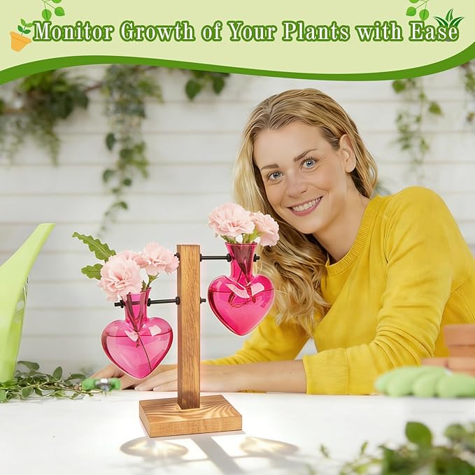XXXFLOWER Plant Terrarium Propagation Station, Gifts for Mom Daughter Wife Plant Lover, Hydroponic Planter Bulb for Home Office Garden Decoration - 2 Pink Love Bulb Vase with Wooden Stand
