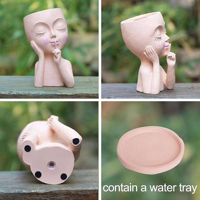 Face Planter Pot Head Planters, Lady Heads Flowerpot, Cute Girl Faces Plant Pot, Quiet Women Succulent Pots for Indoor Outdoor Plants, Modern Vase with Drainage