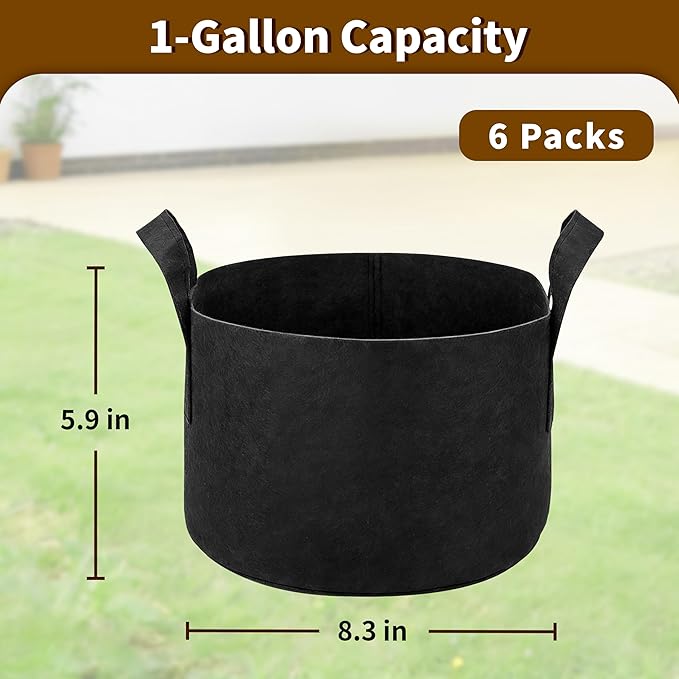 6 Pack 1 Gallon Grow Bags, Heavy Duty 300g Nonwoven Fabric Plant Pots with Reinforced Handles, Breathable Potato Grow Bags for Vegetables, Herbs, Seedlings - Black