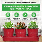 Plexon Herb Planter Indoor Garden Set of 3 with Tray, Metal Herb Pots for Indoor Plants, Round Kitchen Garden Kit Ideal for Windowsill Planter or Countertop, Red Powder Coated