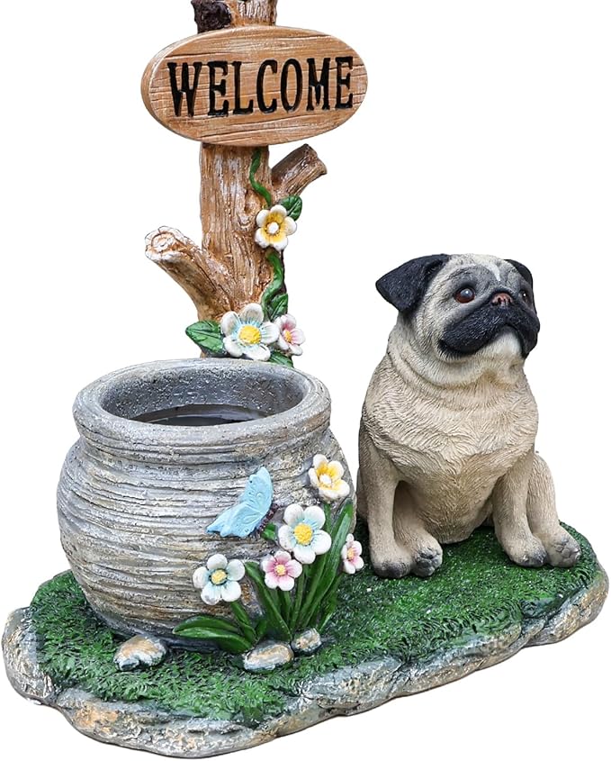 Animal Outdoor Statue Planter Solar Light Welcome Garden Sculpture Resin Flower Pot Decorative Porch Patio Yard Lawn Entryway Figurine with LED Lamp Rustic Plant Holder Ornament Courtyard (O)