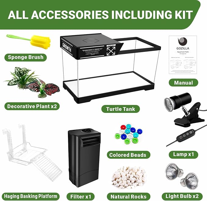 GOZILLA Aquatic Turtle Tank Kit+Lamp+Filter, Upgrade PC Turtle Tank Starter Kit with Adjustable Lamp & Filter,Reptile Habitat with Lid,Hanging Platform for Small Reptiles.(19.68×9.52×9.44''/Black Kit)