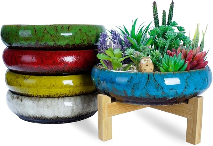 ARTKETTY Succulent Pot, 10 Inch Large Succulent Planter Pot with Stand, Ceramic Bonsai Pot with Mess Drainage Screen Shallow Cactus Flower Pot for Indoor/Outdoor Plants