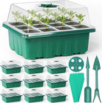 Sfee 10 Pack Seed Starter Tray Kit, 120 Cells Seedling Starter Trays with Humidity Dome and Base Greenhouse Growing Trays, Reusable Seed Germination Seedling Tray with Garden Tools Labels (Green)