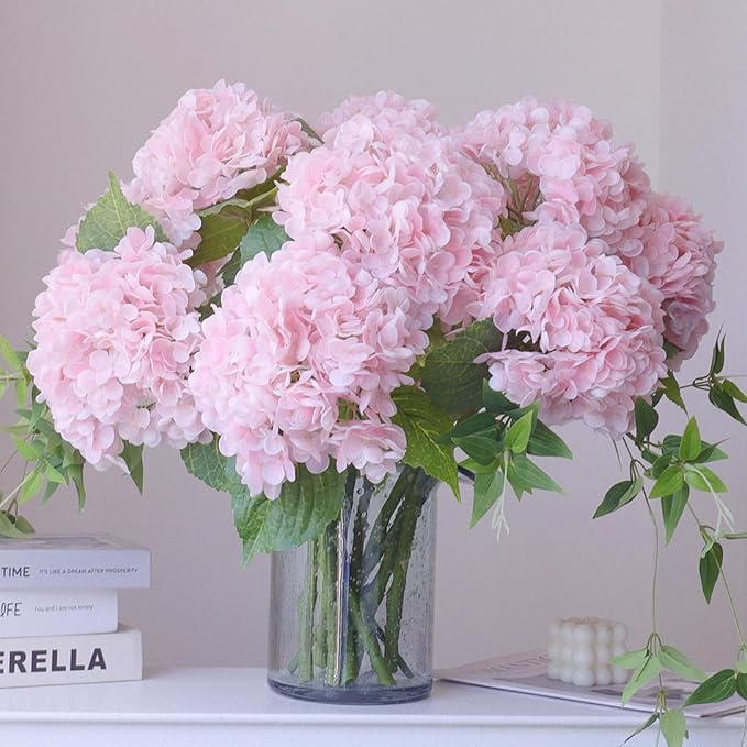 Buart 4PCS Long Stem Big Size Flowers Artificial Silk Hydrangea Lifelike Flowers Real Touch Pink Artificial Flowers Wedding Shower Bride Bouquets Office Living Room Table Decorations (21 Inch)