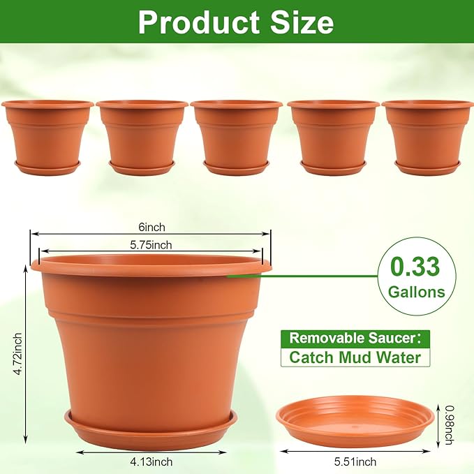 Pottiffe 6 Inch Plastic-Flower Pot-for-Indoor Plants, 6 Pack Outdoor Plant Pots with Drainage Holes & Saucers, Resin Garden Pots Planters