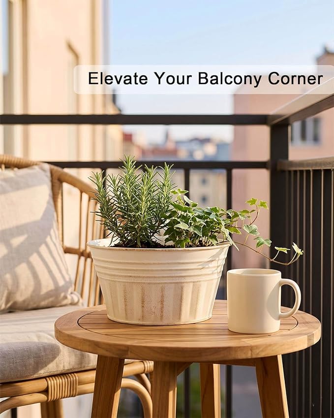 vensovo 8 Inches Beige Metal Rustic Plant Pots - 6Pcs Shallow Galvanized Planters with Drain Hole and Rubber Plug, Rustproof Tin Bucket Succulent Pot Indoor Farmhouse Vintage Style for Decor