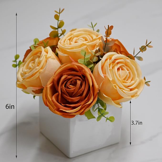 LADADA Artificial Roses in White Ceramic Vase, Faux Silk Flowers with Eucalyptus, Fake Floral Centerpiece for Home Wedding Party Table Decor