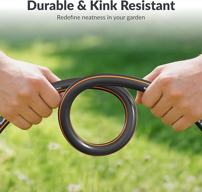 Giraffe Tools Garden Hose 75ft x 3/4",Heavy Duty Rubber Hose,No Kink,Flexible,Hybrid Hose with Male/Female for Cleaning & Washing, 1465PSI, Black