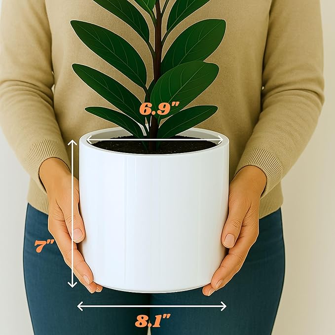 Fox & Fern 8 Inch Plant Pot with Drainage Plug — Premium Lightweight Fiberstone Glossy White Planter - Indoor & Outdoor Planter - 8 Inch Pots for Plants - Weather Resistant & UV Resistant