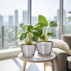 Ceramic Planters - 10 Inch 8 Inch 6 Inch Plant Pots Indoor with Drainage Holes and Saucer Mid-Century Large Planters Outdoor Flower Pots for Home Decor Set of 3 Silver