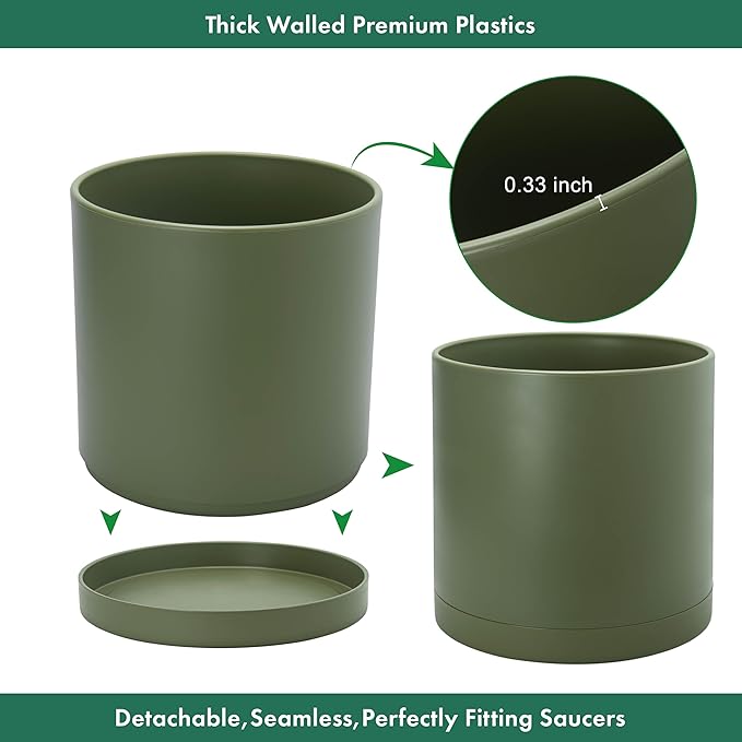 D'vine Dev 10 Inch Plastic Planter Pots for Plant Pot with Drainage Hole and Seamless Saucers, Olive, 74-X-I-2