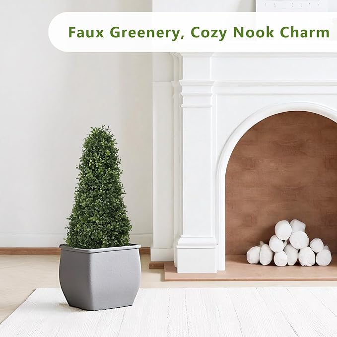 3ft Artificial Boxwood Topiary Trees (Set of 2) - UV Resistant Faux Plants Outdoor, Realistic 36" Fake Cone Bushes and Shrubs for Front Porch, Planter, Patio, Evergreen
