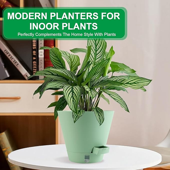 Pottiffe Self-Watering-Pots-for-Indoor-Plants, 8 Inch Flower Pots for Indoor Plants, 3 Packs Plastic Planters with Drainage Holes and Saucers