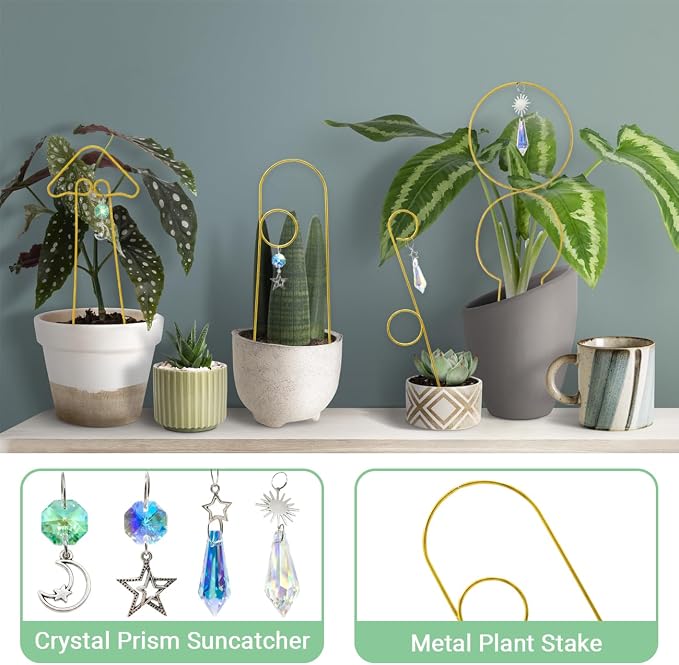Small Trellis for Potted Plants Indoor with Crystal Sun Catcher, 4Pack Golden Metal Plant Stake for Home Window Garden, Plant Accessories Indoor Decoration (Mix)