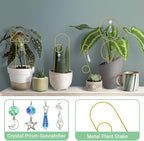 Small Trellis for Potted Plants Indoor with Crystal Sun Catcher, 4Pack Golden Metal Plant Stake for Home Window Garden, Plant Accessories Indoor Decoration (Mix)